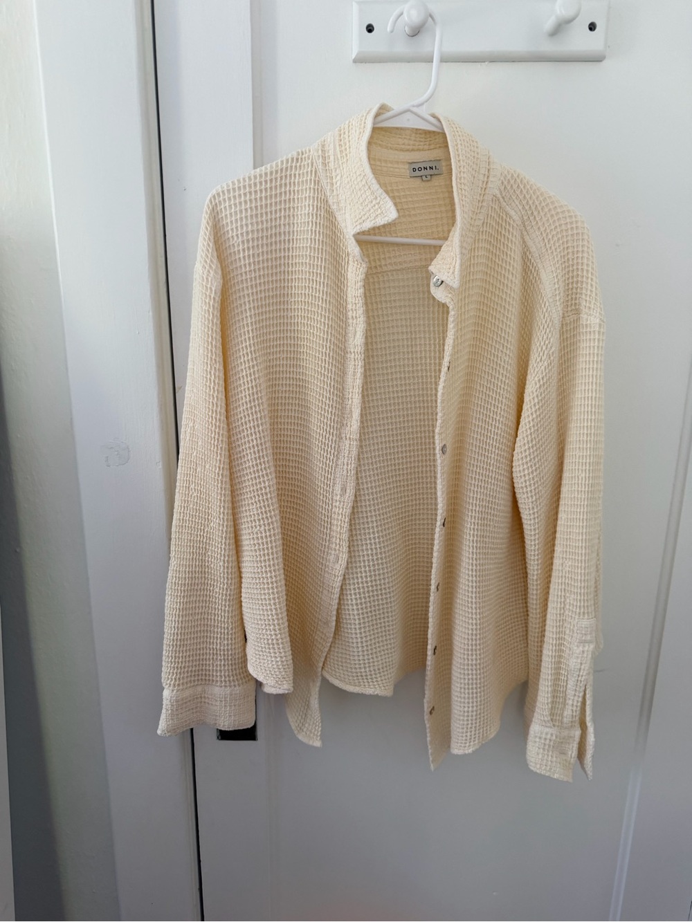 DONNI. Cream Waffle Knit Button-Down Shirt